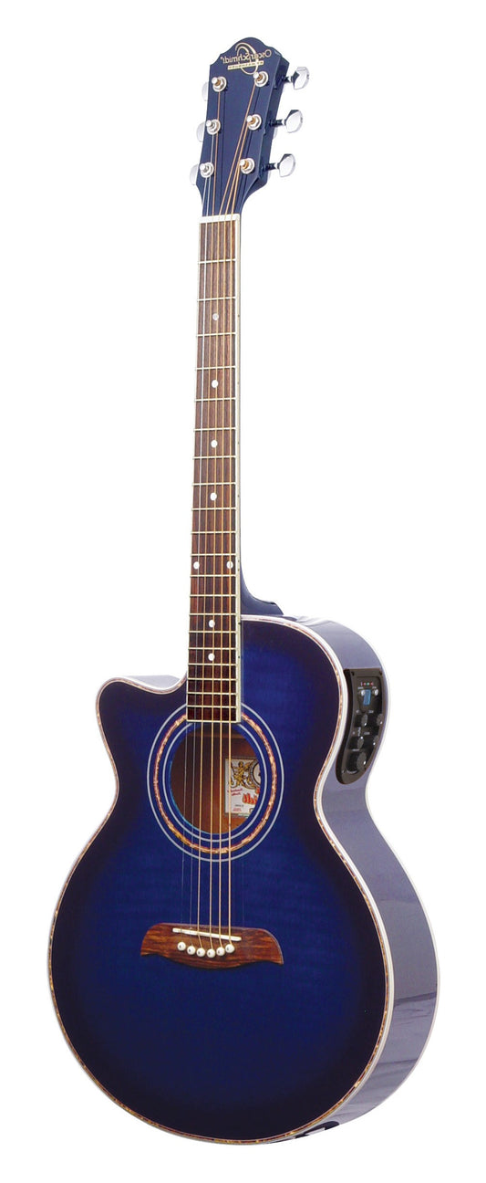 Oscar Schmidt OG10CEFTBLLH-A Folk Left-Handed Cutaway Acoustic Electric Guitar. Flame Trans Blue